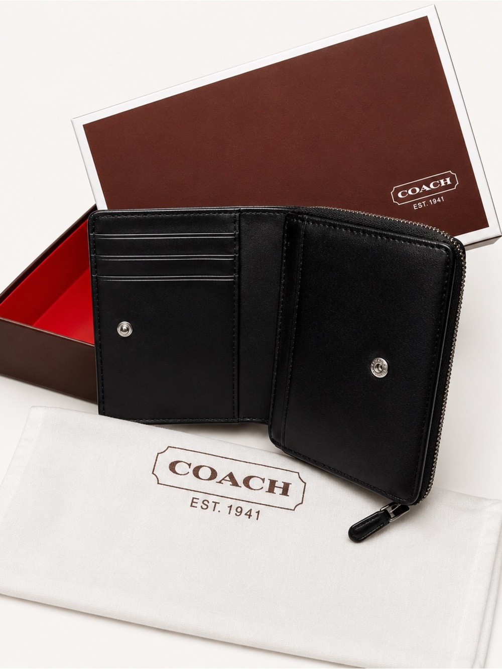 Coach Vintage Unisex Black Leather Bifold Zip Compact Wallet All Inclusive NIB - Picture 13 of 14